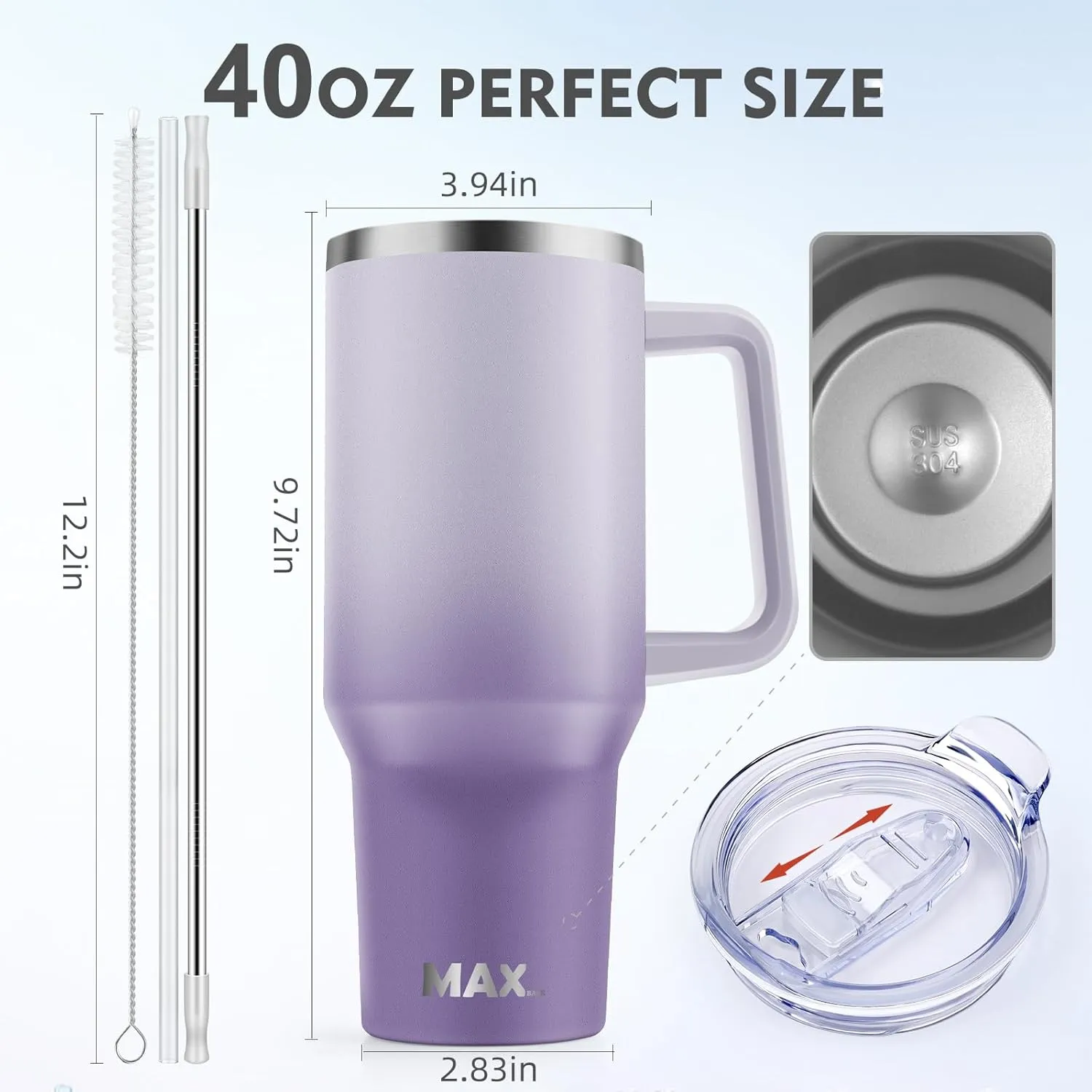MaxBase 40 Oz Tumbler with Handle and Straw Lid, Insulated Reusable Stainless Steel Travel Mug Keeps Drinks Cold up to 34 Hours, 100% Leakproof Bottle (GradientPurple)