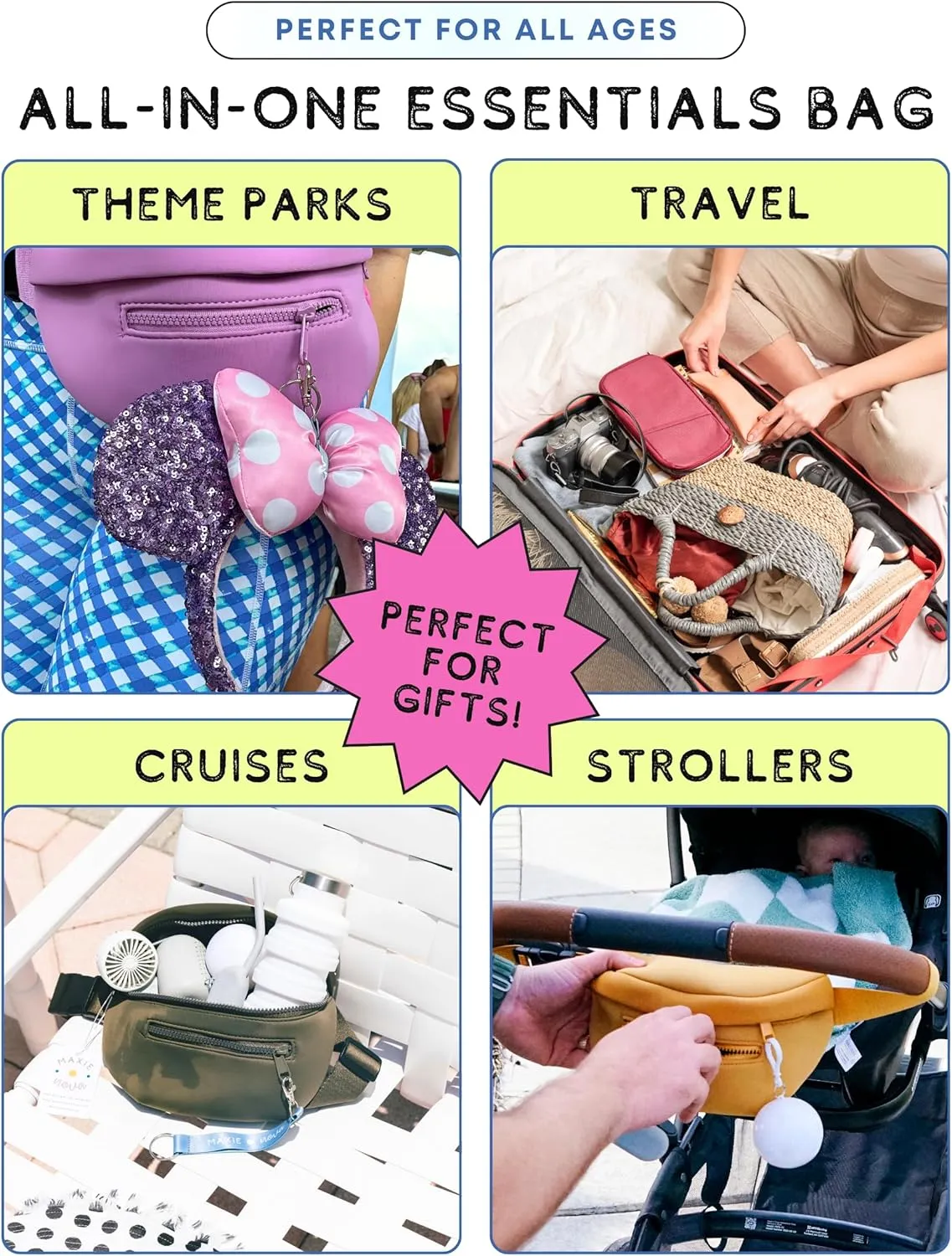 Maxie & Nova Theme Park Essentials Fanny Pack for Women -10 Pieces, Cruise Ship Essentials including USB Fan, Collapsible Water Bottle, Disposable Ponchos, Cooling Towel, Silicone Straw - (Pink)