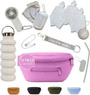 Maxie & Nova Theme Park Essentials Fanny Pack for Women -10 Pieces, Cruise Ship Essentials including USB Fan, Collapsible Water Bottle, Disposable Ponchos, Cooling Towel, Silicone Straw - (Pink)