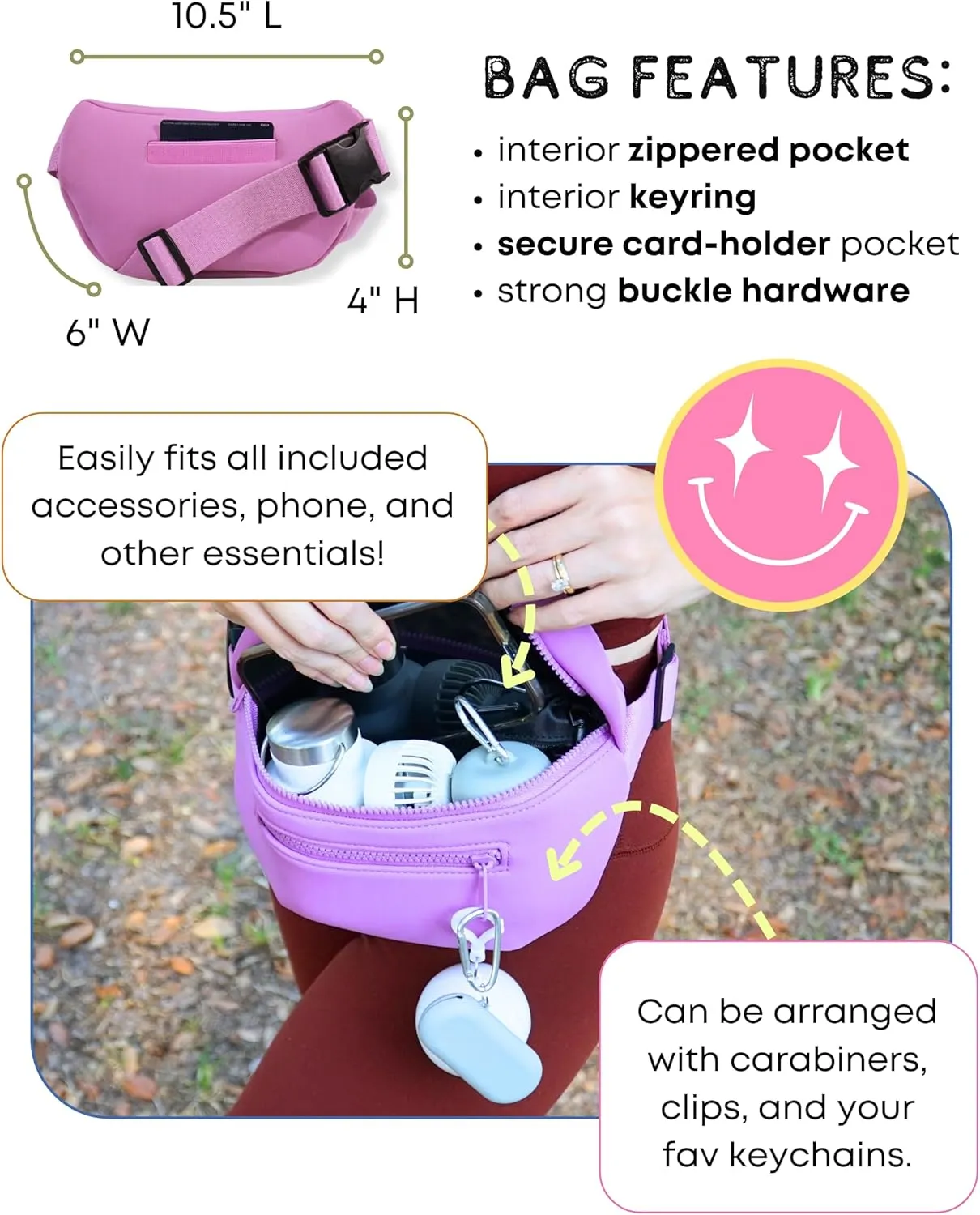 Maxie & Nova Theme Park Essentials Fanny Pack for Women -10 Pieces, Cruise Ship Essentials including USB Fan, Collapsible Water Bottle, Disposable Ponchos, Cooling Towel, Silicone Straw - (Pink)