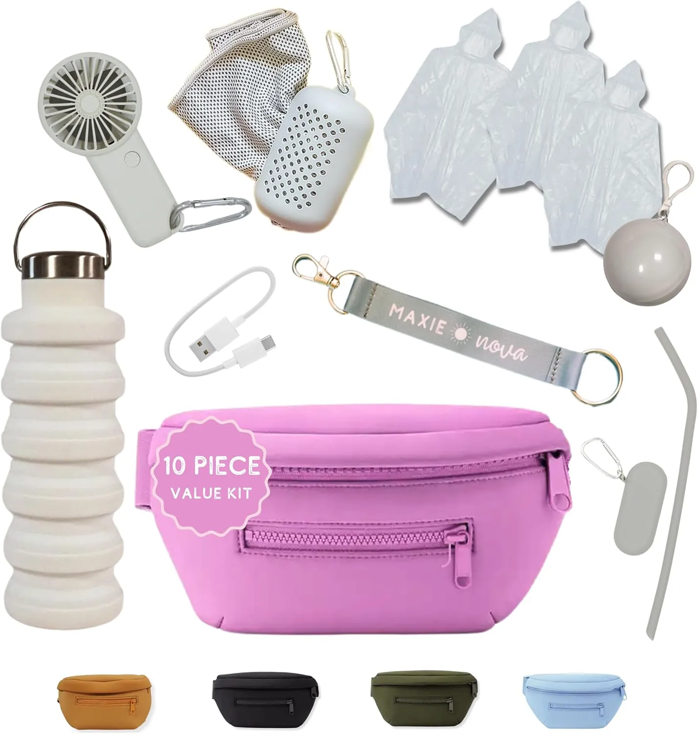 Maxie & Nova Theme Park Essentials Fanny Pack for Women -10 Pieces, Cruise Ship Essentials including USB Fan, Collapsible Water Bottle, Disposable Ponchos, Cooling Towel, Silicone Straw - (Pink)