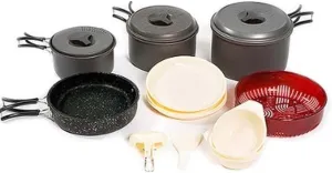 ME Camping Cook Set, Superior Backcountry Cookware a set consisting of a frying pan, plate, ladle, bowl, etc. Aluminum for 5 or 6 people