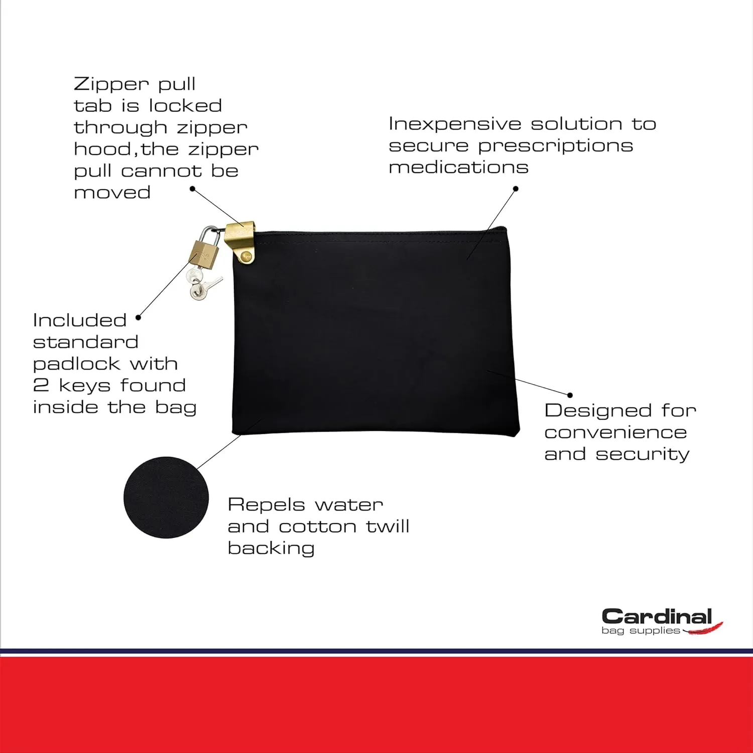 Medication Zipper Hood Security Bag with Included Padlock and Keys (Black)