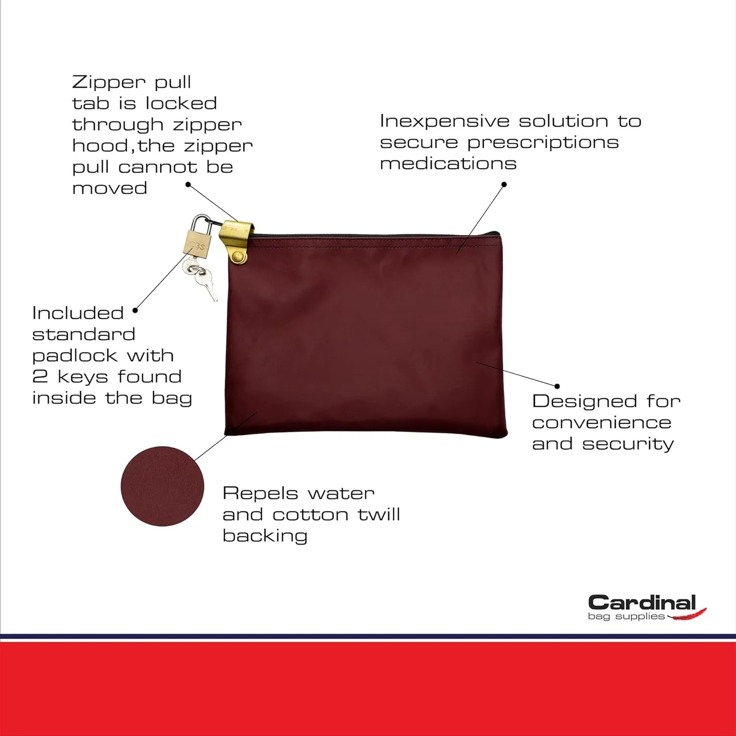 Medication Zipper Hood Security Bag with Included Padlock and Keys (Burgundy)