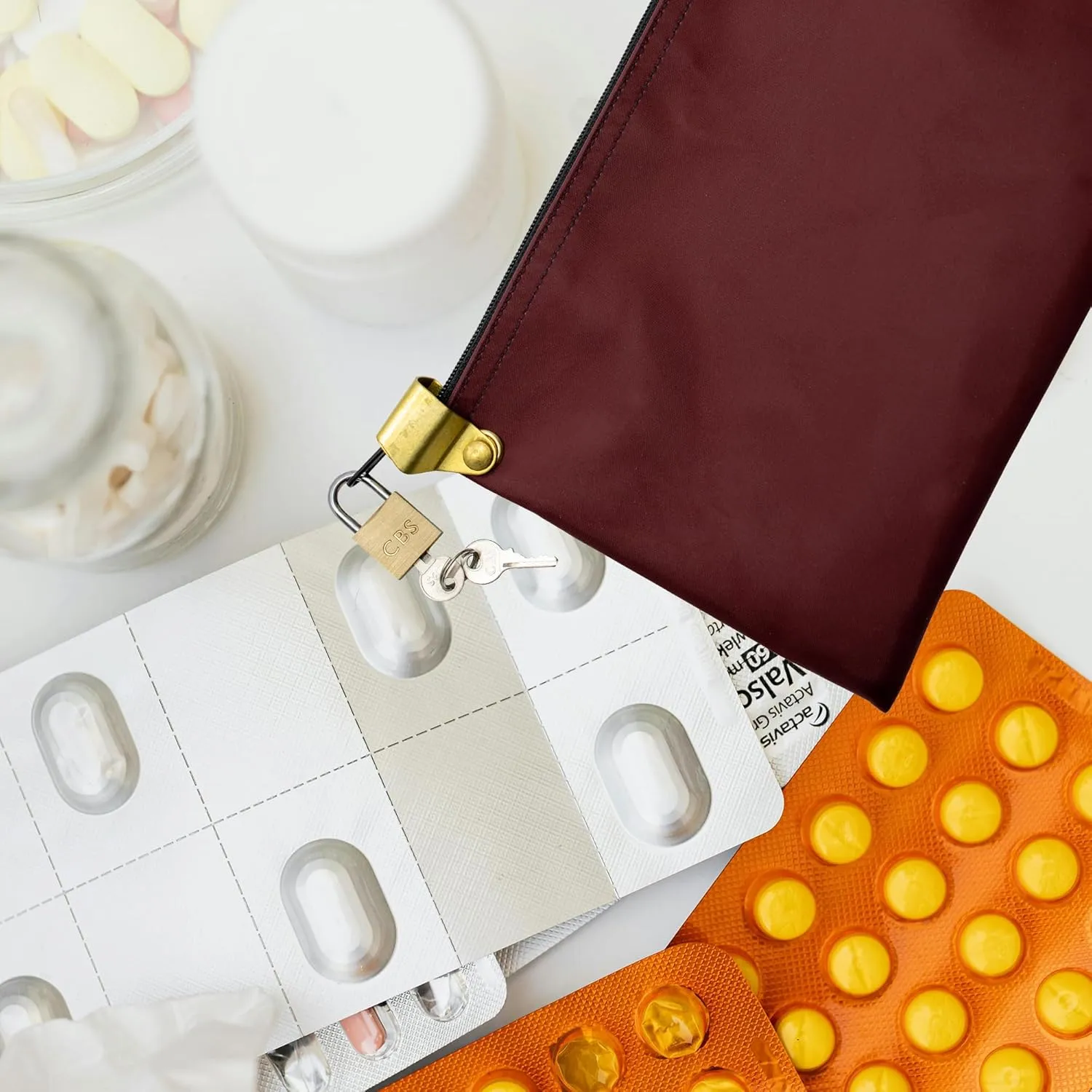 Medication Zipper Hood Security Bag with Included Padlock and Keys (Burgundy)
