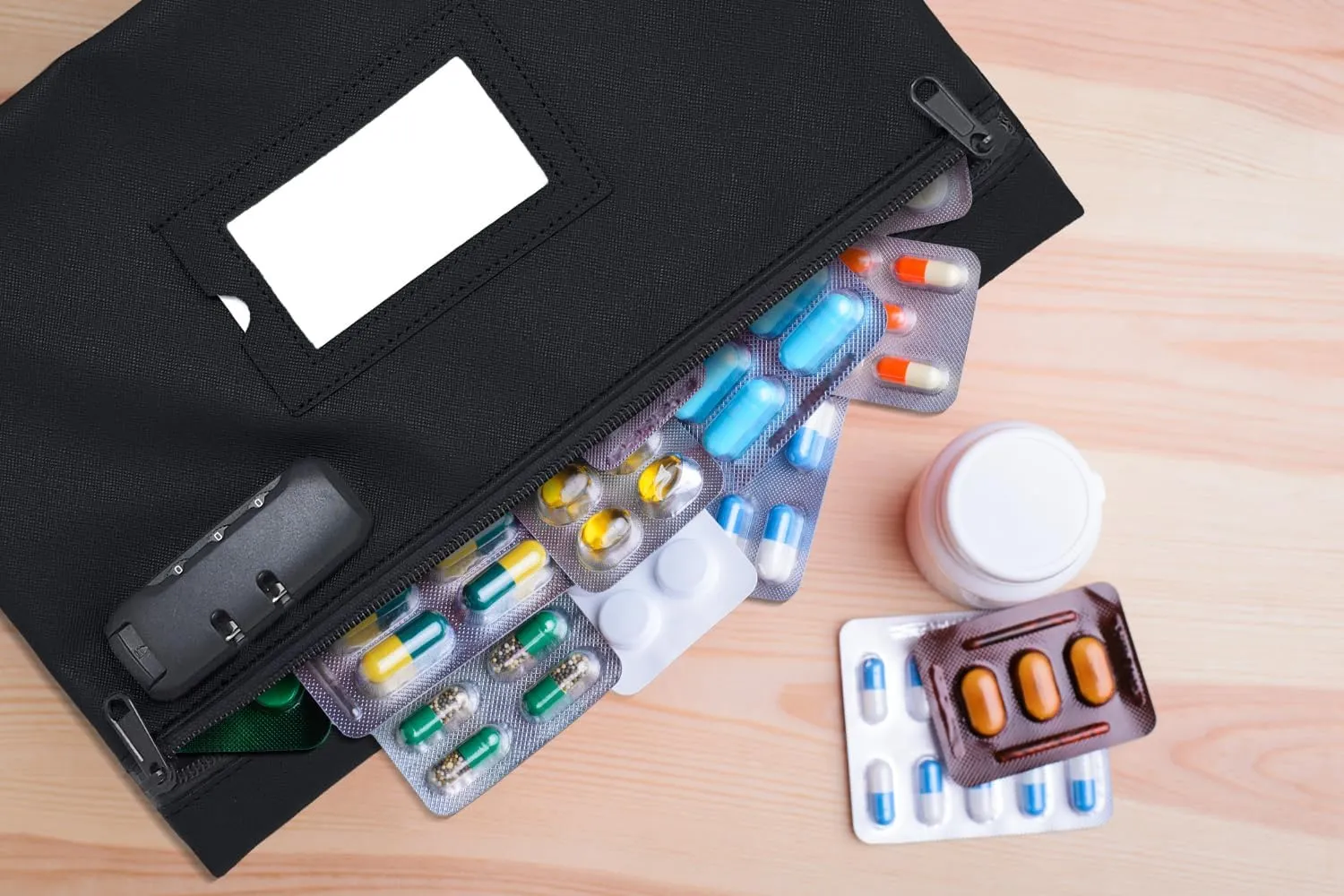 Medicine Bag with Lock | 12x8 Inch Med Bag | Medication Bag for Traveling | Small Medication Travel Bag | Kids Medicine Bag | Pills Locking Zipper Pouch Storage Case Organizer (Black)