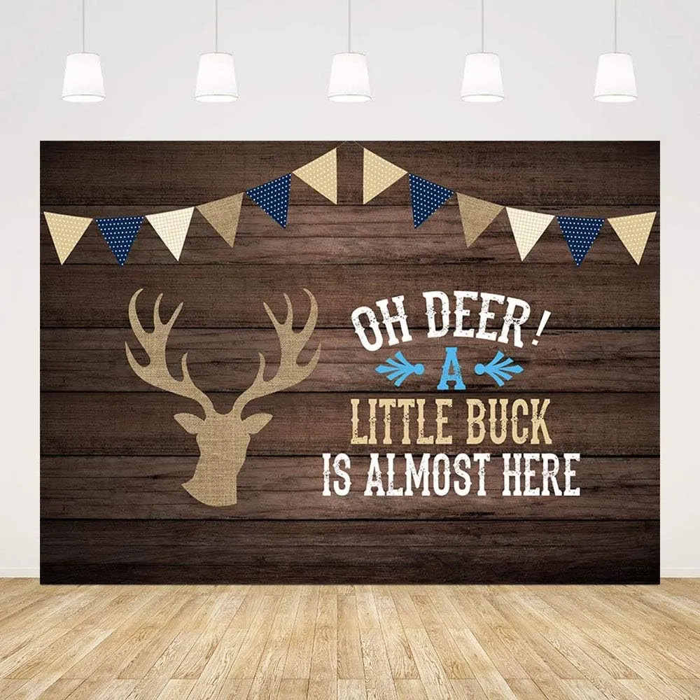 MEHOFOND 7x5ft Oh Deer Boy Baby Shower Gray Rustic Wood Backdrops Birthday Party Decoration A Little Buck is Almost Here Photography Background Deer Baby Shower Decor Cake Table Portrait Photo Props