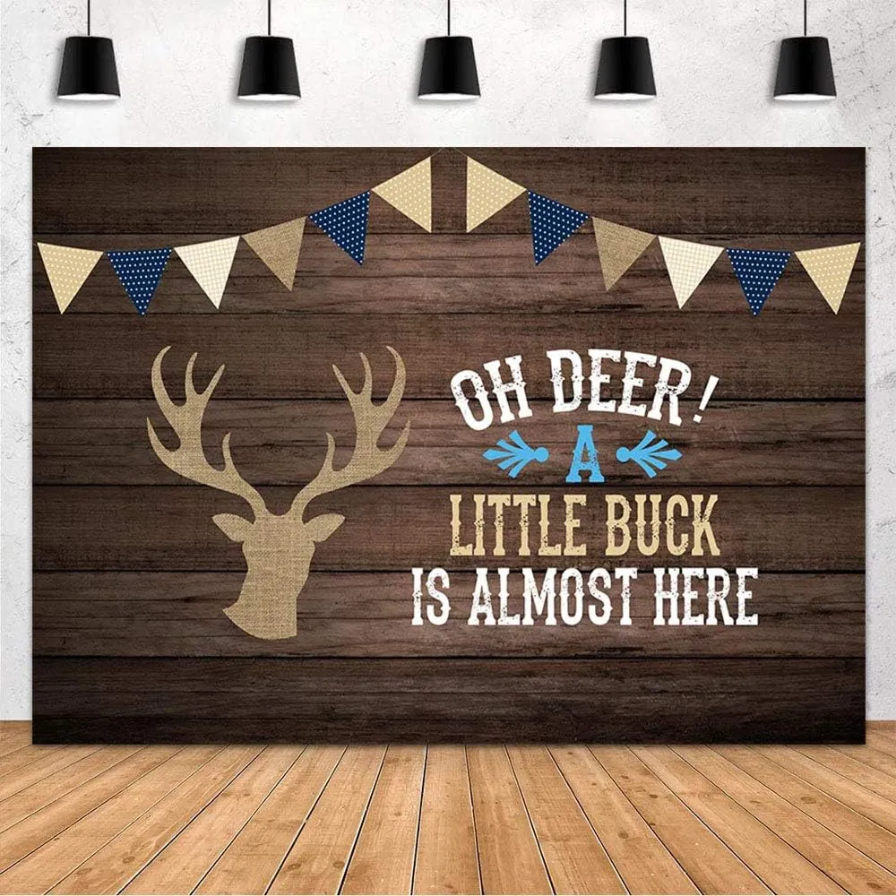 MEHOFOND 7x5ft Oh Deer Boy Baby Shower Gray Rustic Wood Backdrops Birthday Party Decoration A Little Buck is Almost Here Photography Background Deer Baby Shower Decor Cake Table Portrait Photo Props