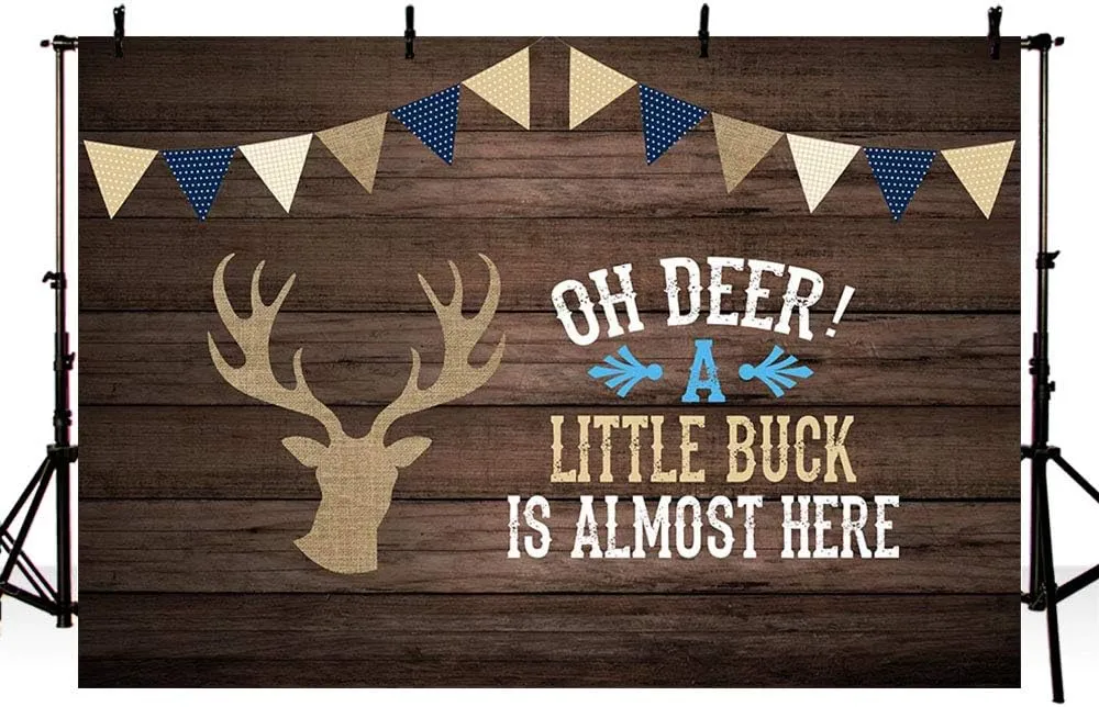 MEHOFOND 7x5ft Oh Deer Boy Baby Shower Gray Rustic Wood Backdrops Birthday Party Decoration A Little Buck is Almost Here Photography Background Deer Baby Shower Decor Cake Table Portrait Photo Props