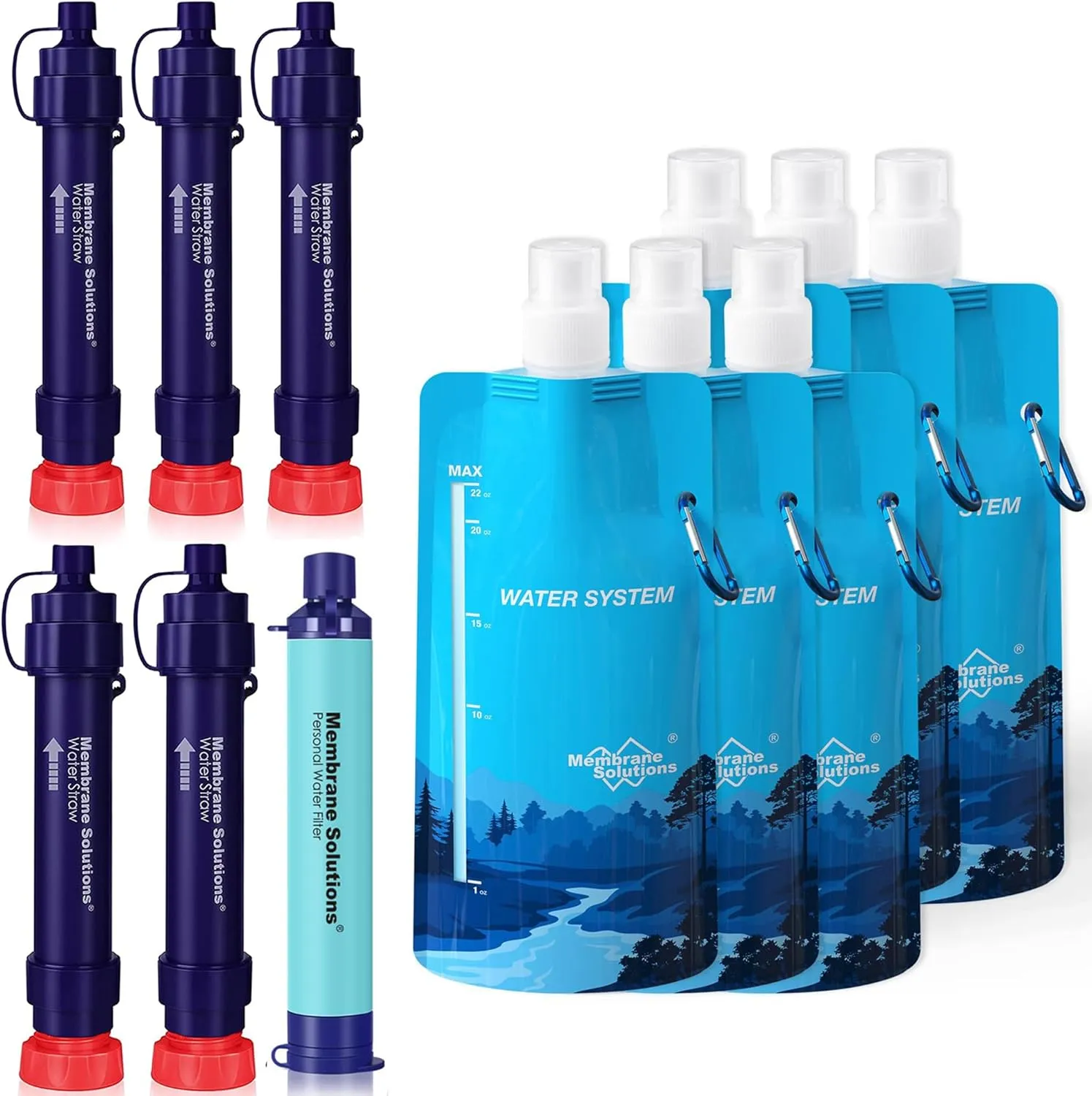 Membrane Solutions WS02 Detachable Water Filter Straw (Pack of 5) with 23oz Collapsible Squeezable Water Filtration System.