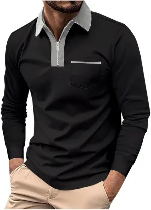 Mens Golf Polo Shirts Fall Color Block Zipper T-shirt Fashion Dressy Business Tops Quick Dry Comfy Tees with Pocket