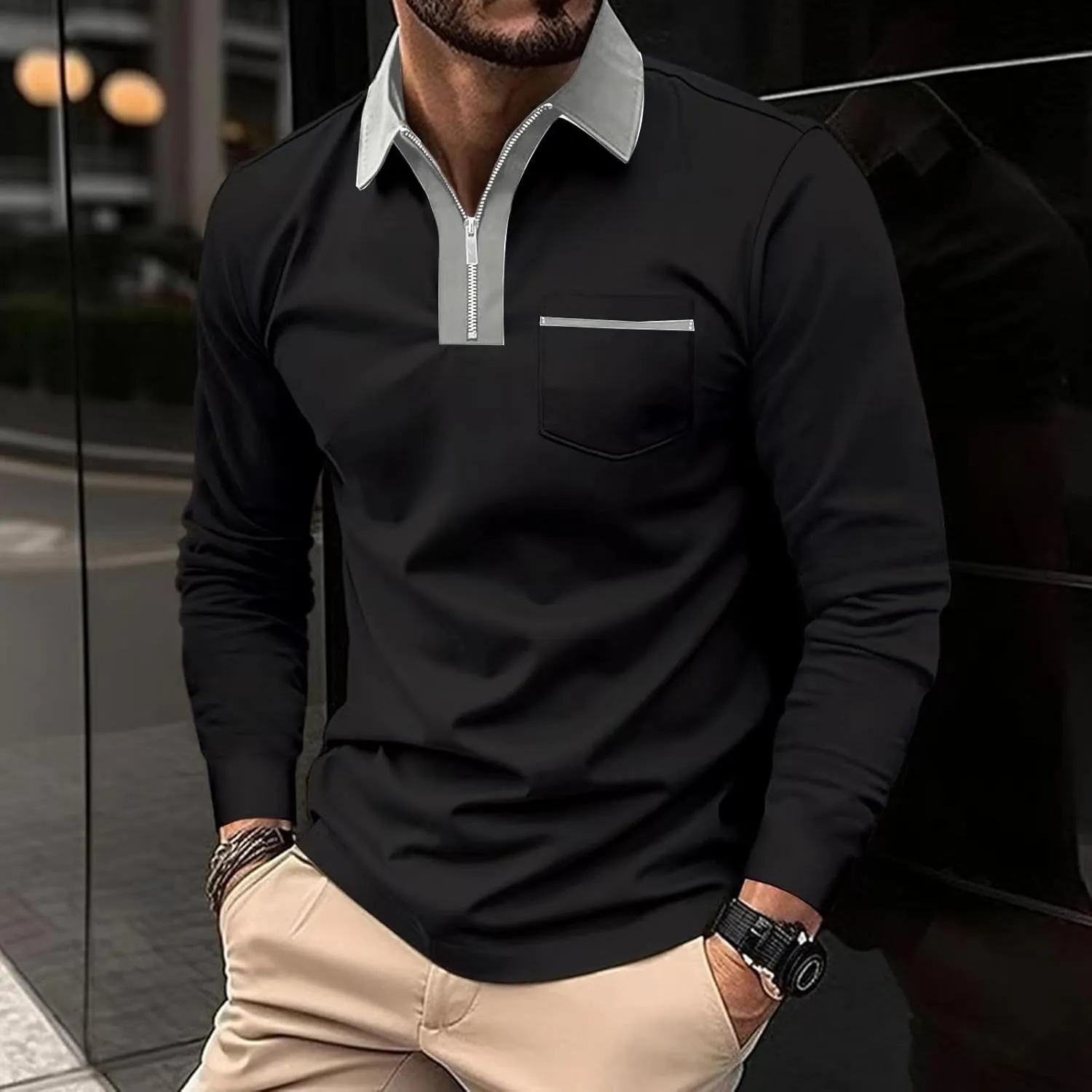 Mens Golf Polo Shirts Fall Color Block Zipper T-shirt Fashion Dressy Business Tops Quick Dry Comfy Tees with Pocket