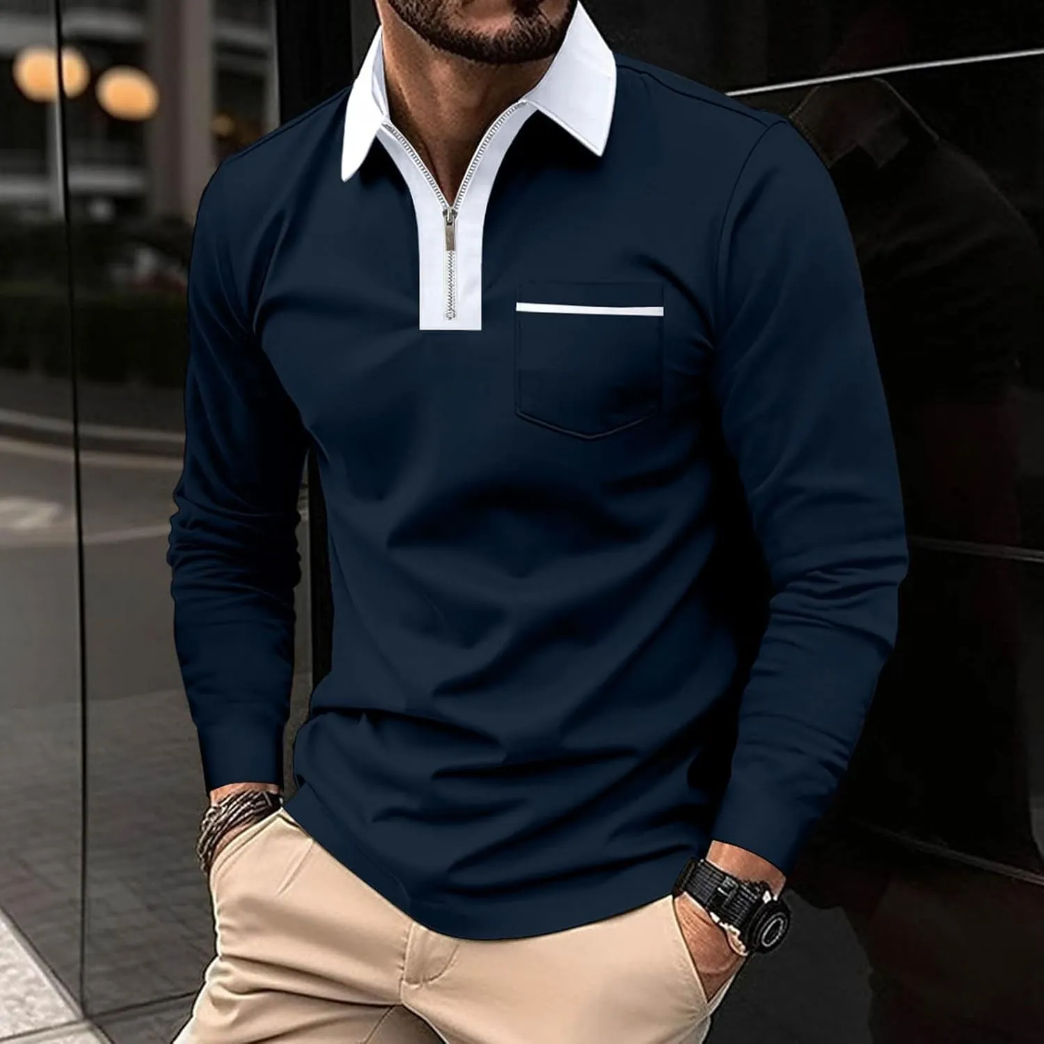 Mens Golf Polo Shirts Fall Color Block Zipper T-shirt Fashion Dressy Business Tops Quick Dry Comfy Tees with Pocket