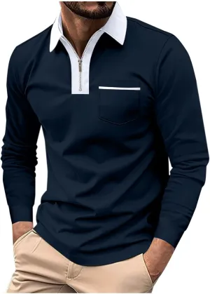 Mens Golf Polo Shirts Fall Color Block Zipper T-shirt Fashion Dressy Business Tops Quick Dry Comfy Tees with Pocket