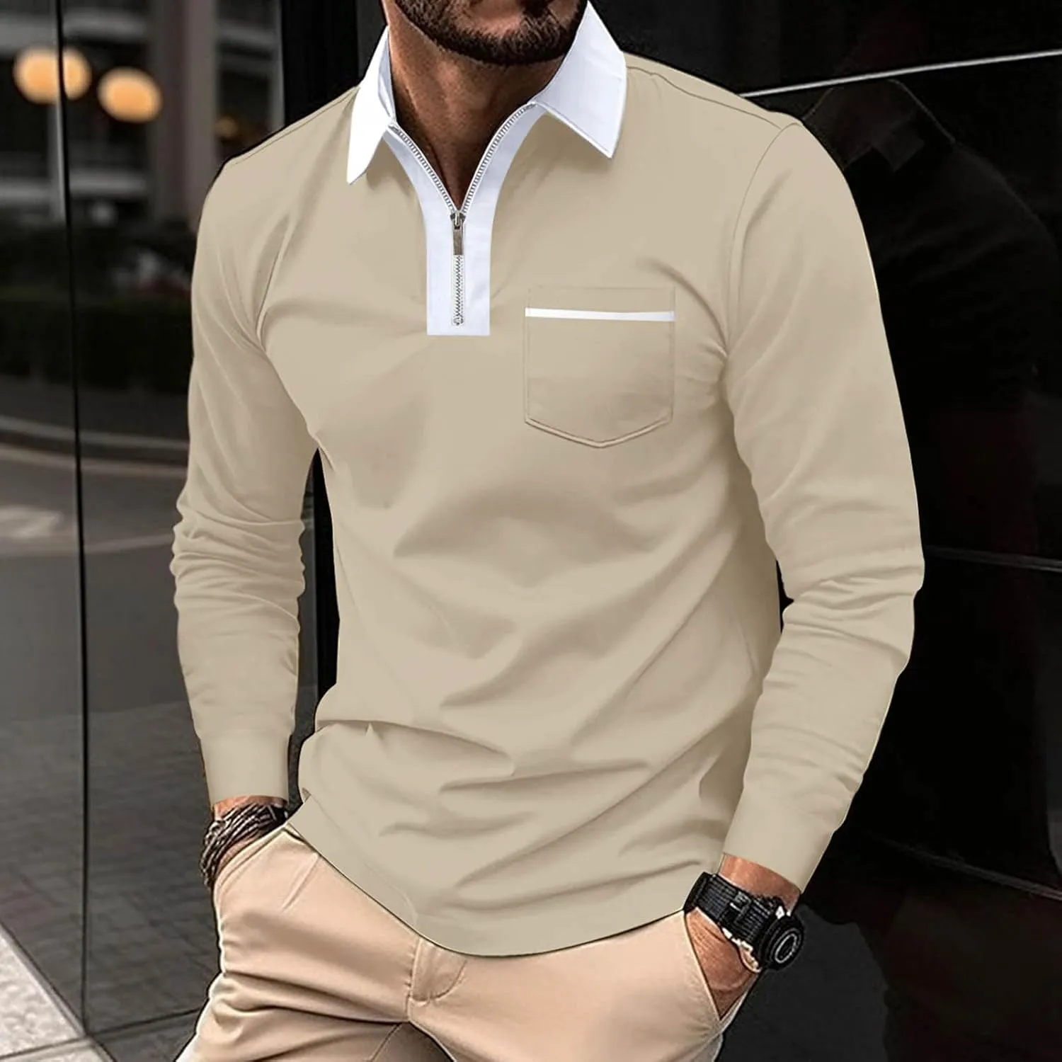 Mens Golf Polo Shirts Fall Color Block Zipper T-shirt Fashion Dressy Business Tops Quick Dry Comfy Tees with Pocket
