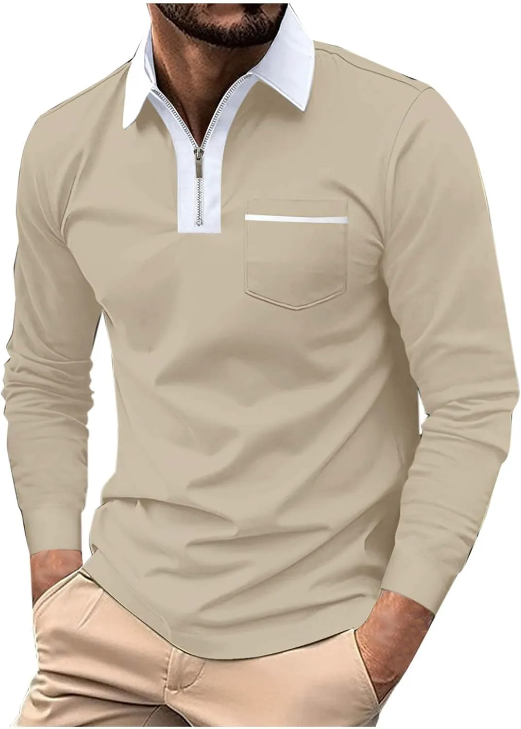 Mens Golf Polo Shirts Fall Color Block Zipper T-shirt Fashion Dressy Business Tops Quick Dry Comfy Tees with Pocket