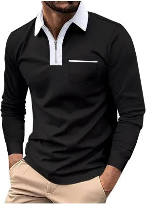Mens Golf Polo Shirts Fall Color Block Zipper T-shirt Fashion Dressy Business Tops Quick Dry Comfy Tees with Pocket