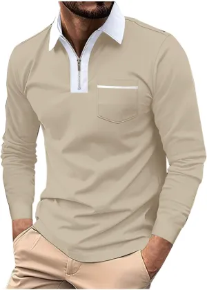 Mens Golf Polo Shirts Fall Color Block Zipper T-shirt Fashion Dressy Business Tops Quick Dry Comfy Tees with Pocket