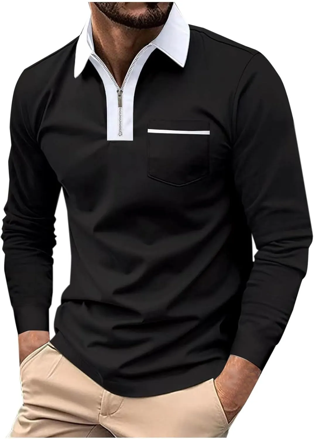 Mens Golf Polo Shirts Fall Color Block Zipper T-shirt Fashion Dressy Business Tops Quick Dry Comfy Tees with Pocket