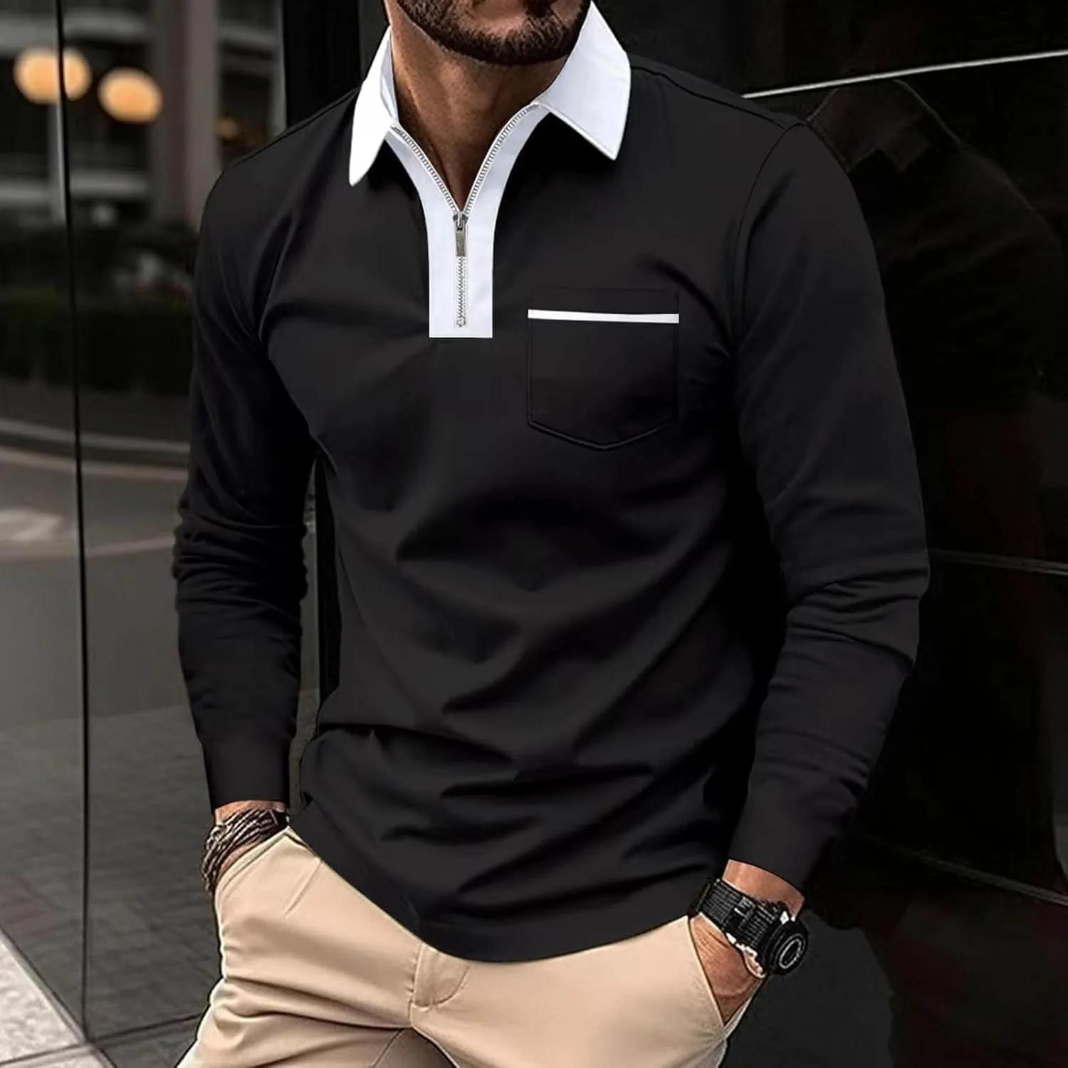 Mens Golf Polo Shirts Fall Color Block Zipper T-shirt Fashion Dressy Business Tops Quick Dry Comfy Tees with Pocket