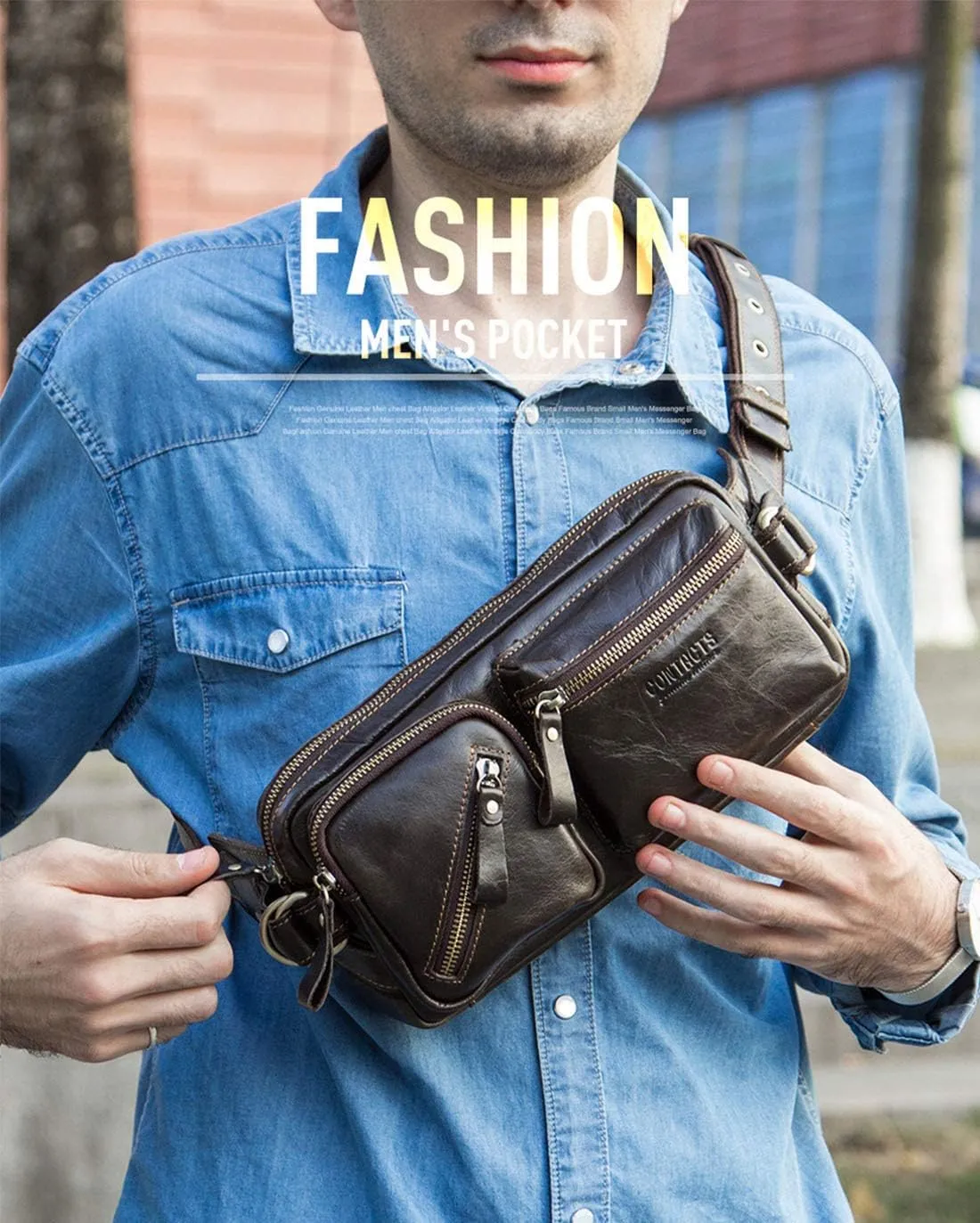 Men's Leather Waist Bag Belt Bag Shoulder Bag Waterproof Sling Bag for Sports, Climbing, Jogging, Hiking, Travelling Boys