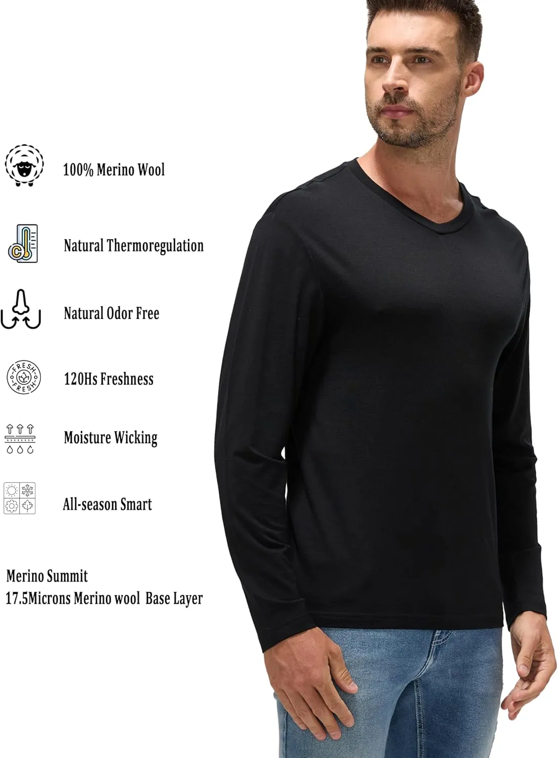 Men's Ultrafine 17.5 Micron Merino Base Layer | V-Neck Thermal Shirt, Moisture Wicking & Odor Resistant