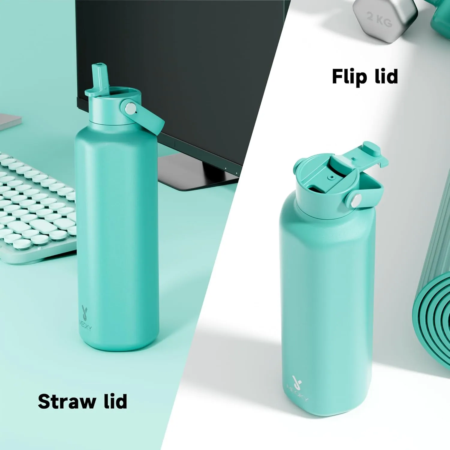 Meoky Men Insulated Water Bottle for Sports: 24 oz Stainless Steel Water Bottle with Straw and Flip Lid for Work - Commuters Gym Enthusiasts, Mint Green