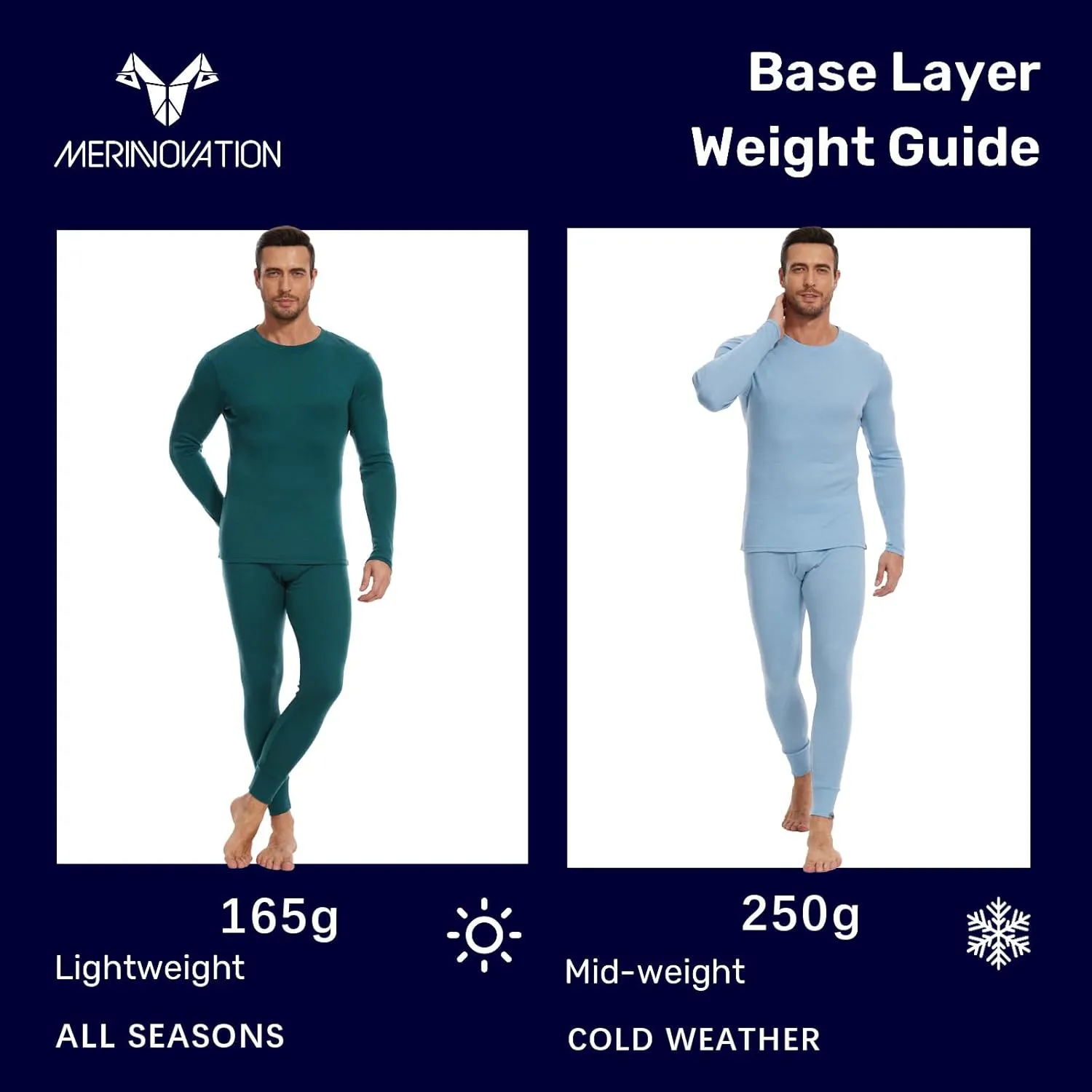 MERINNOVATION Merino Wool Base Layer Set for Men 100% Merino Wool Thermal Underwear Long Sleeve