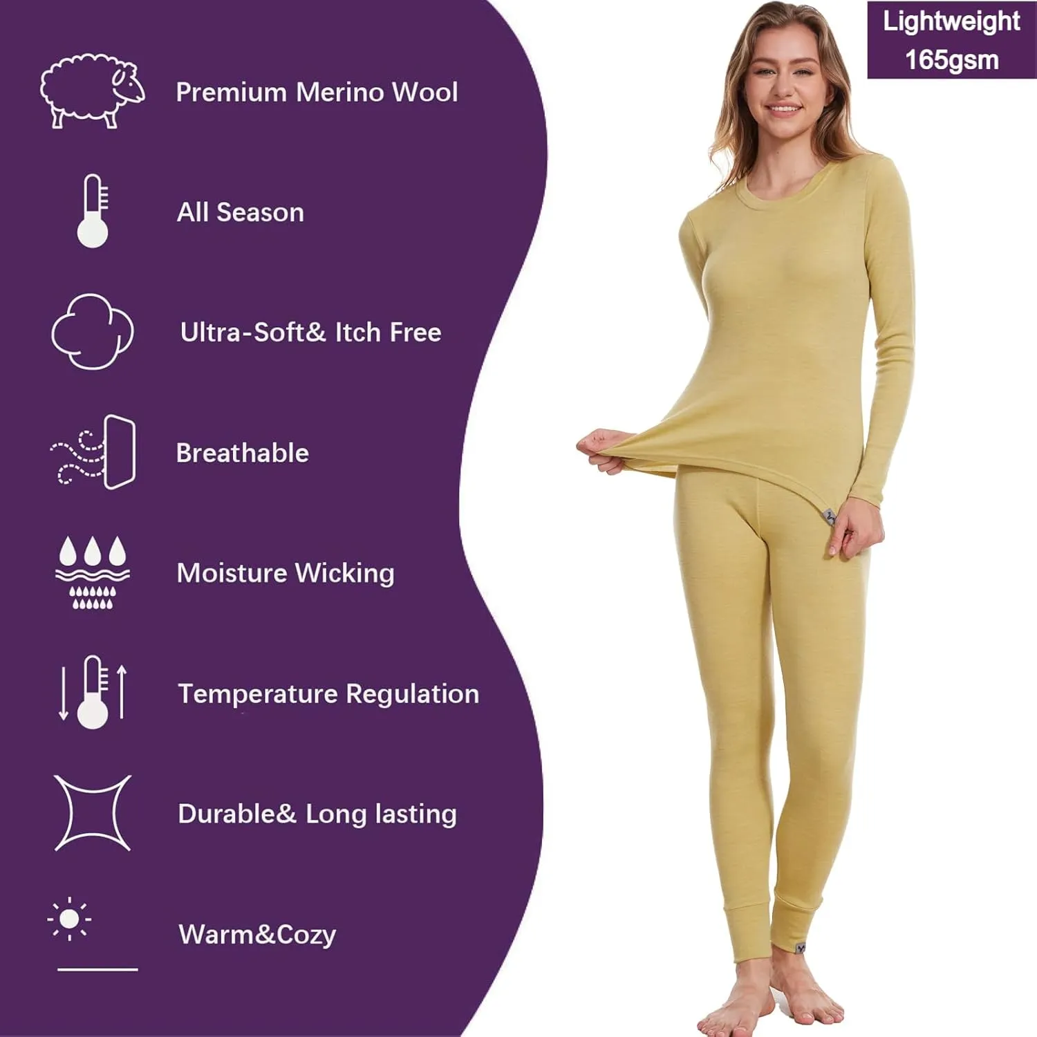 MERINNOVATION Merino Wool Base Layer Set for Women 100% Merino Wool Thermal Underwear Set