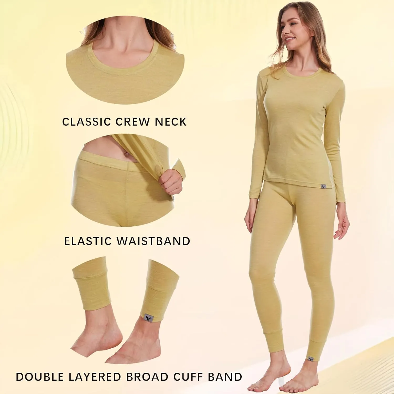 MERINNOVATION Merino Wool Base Layer Set for Women 100% Merino Wool Thermal Underwear Set