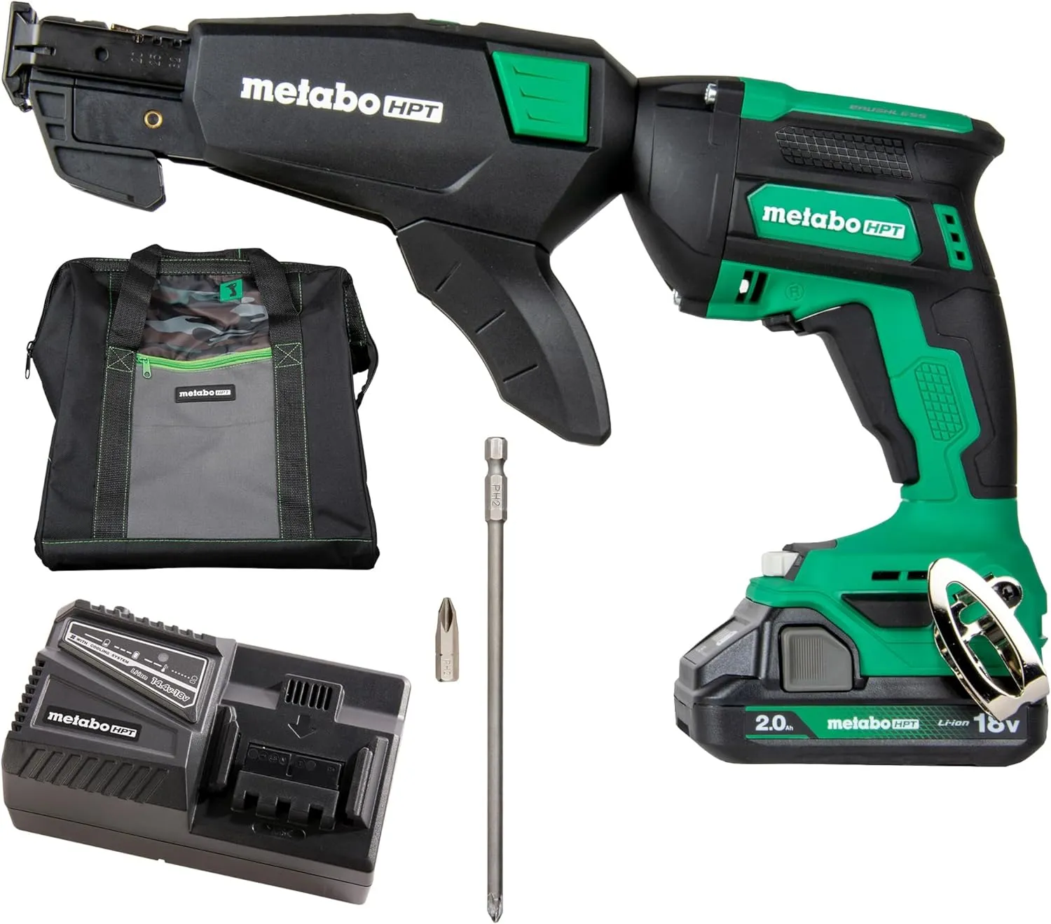 Metabo HPT 18V MultiVolt™ Cordless Drywall Screw Gun Kit, High-Speed Power Screwdriver with Collated Screw Magazine, 2.0Ah Lithium-Ion Battery and Charger, Lightweight Ergonomic Design, W18DAQB