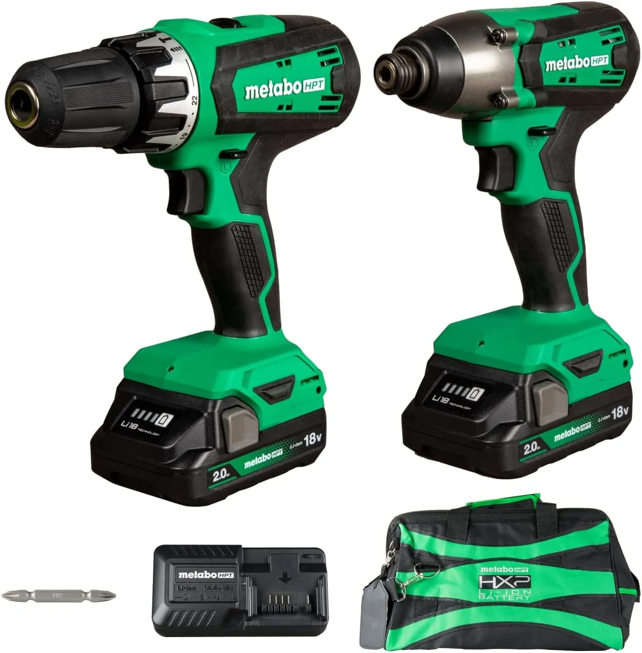 Metabo HPT 18V MultiVolt™ Cordless Hammer Drill and Impact Driver Combo Kit, Cordless Power Tool Set with 2 Lithium-Ion Batteries and Charger, Lightweight and Ergonomic Design, Carrying Bag, KC18DFX