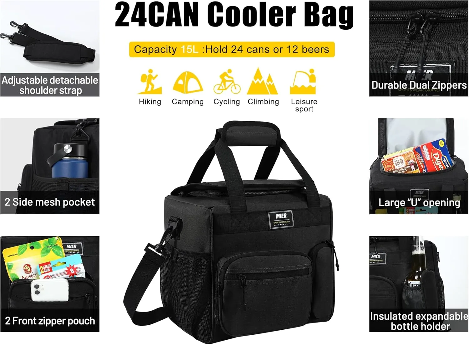 MIER Large Lunch Box for Men Women Adult Insulated Soft Sided Cooler 24 Can Leakproof Lunch Bag Collapsible for Work Travel Camping Beach, 15L (Black-No Luggage Strap)