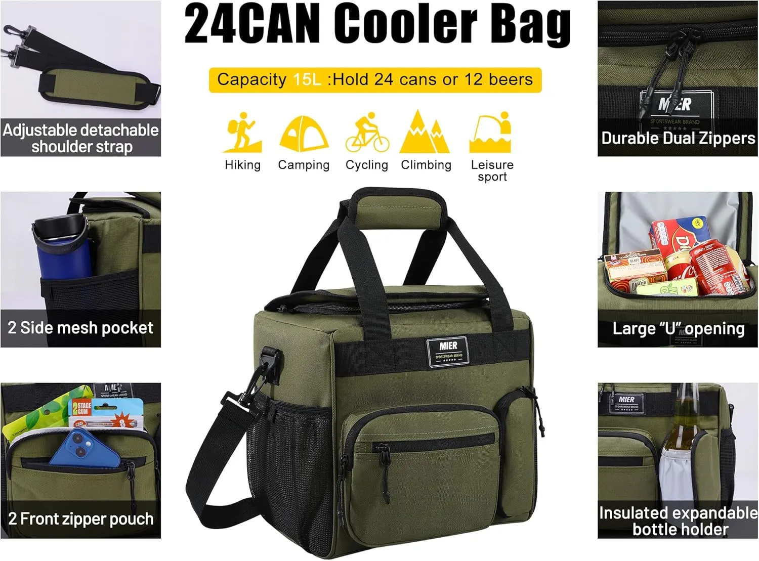 MIER Large Lunch Box for Men Women Adult Insulated Soft Sided Cooler 24 Can Leakproof Lunch Bag Collapsible for Work Travel Camping Beach, 15L (Green-No Luggage Strap)