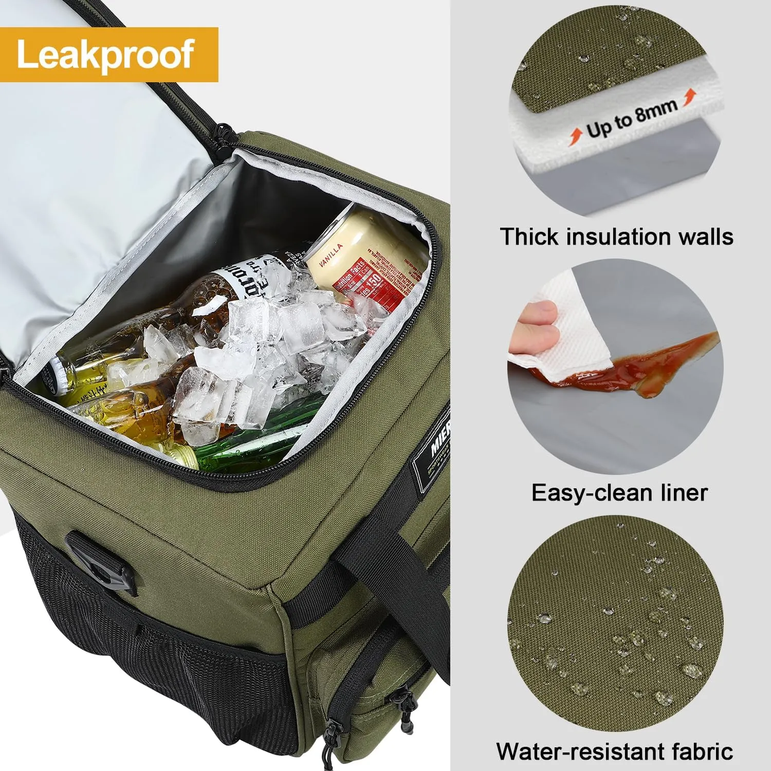 MIER Large Lunch Box for Men Women Adult Insulated Soft Sided Cooler 24 Can Leakproof Lunch Bag Collapsible for Work Travel Camping Beach, 15L (Green-No Luggage Strap)