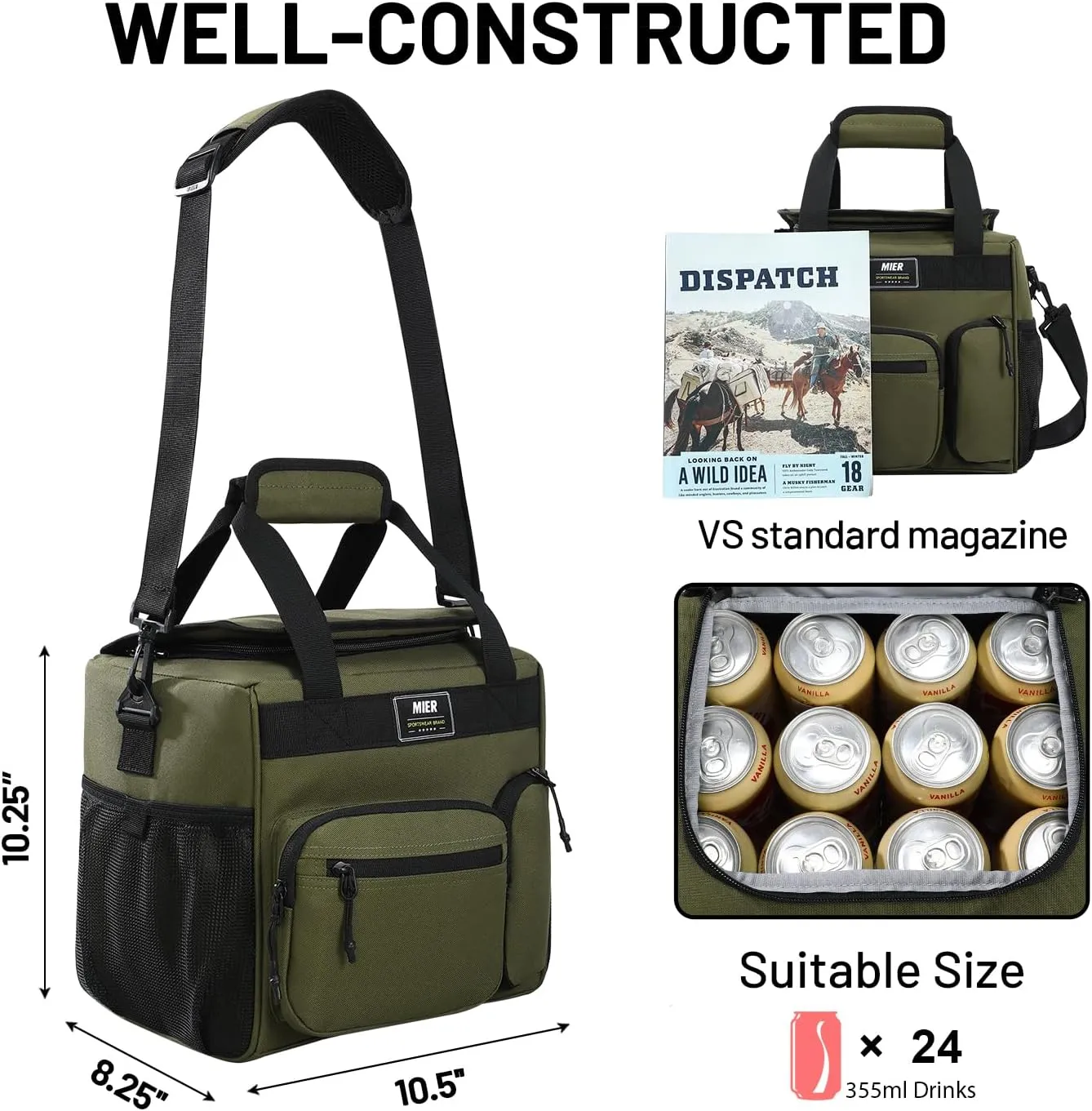 MIER Large Lunch Box for Men Women Adult Insulated Soft Sided Cooler 24 Can Leakproof Lunch Bag Collapsible for Work Travel Camping Beach, 15L (Green-No Luggage Strap)