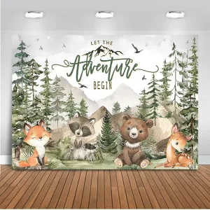 Mocsicka Woodland Baby Shower Backdrop 7x5ft Let The Adventure Begin Animals Forest Mountain Wilderness Background Adventure Awaits Baby Shower Party Photography Props