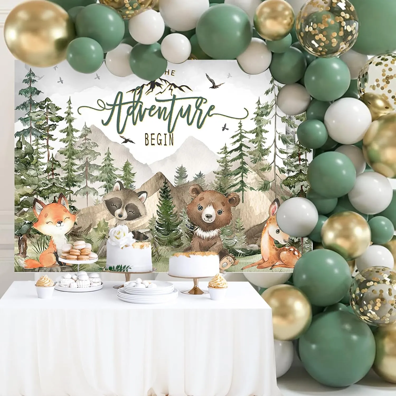 Mocsicka Woodland Baby Shower Backdrop 7x5ft Let The Adventure Begin Animals Forest Mountain Wilderness Background Adventure Awaits Baby Shower Party Photography Props