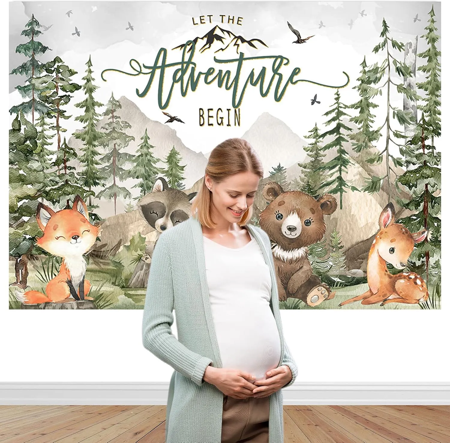 Mocsicka Woodland Baby Shower Backdrop 7x5ft Let The Adventure Begin Animals Forest Mountain Wilderness Background Adventure Awaits Baby Shower Party Photography Props