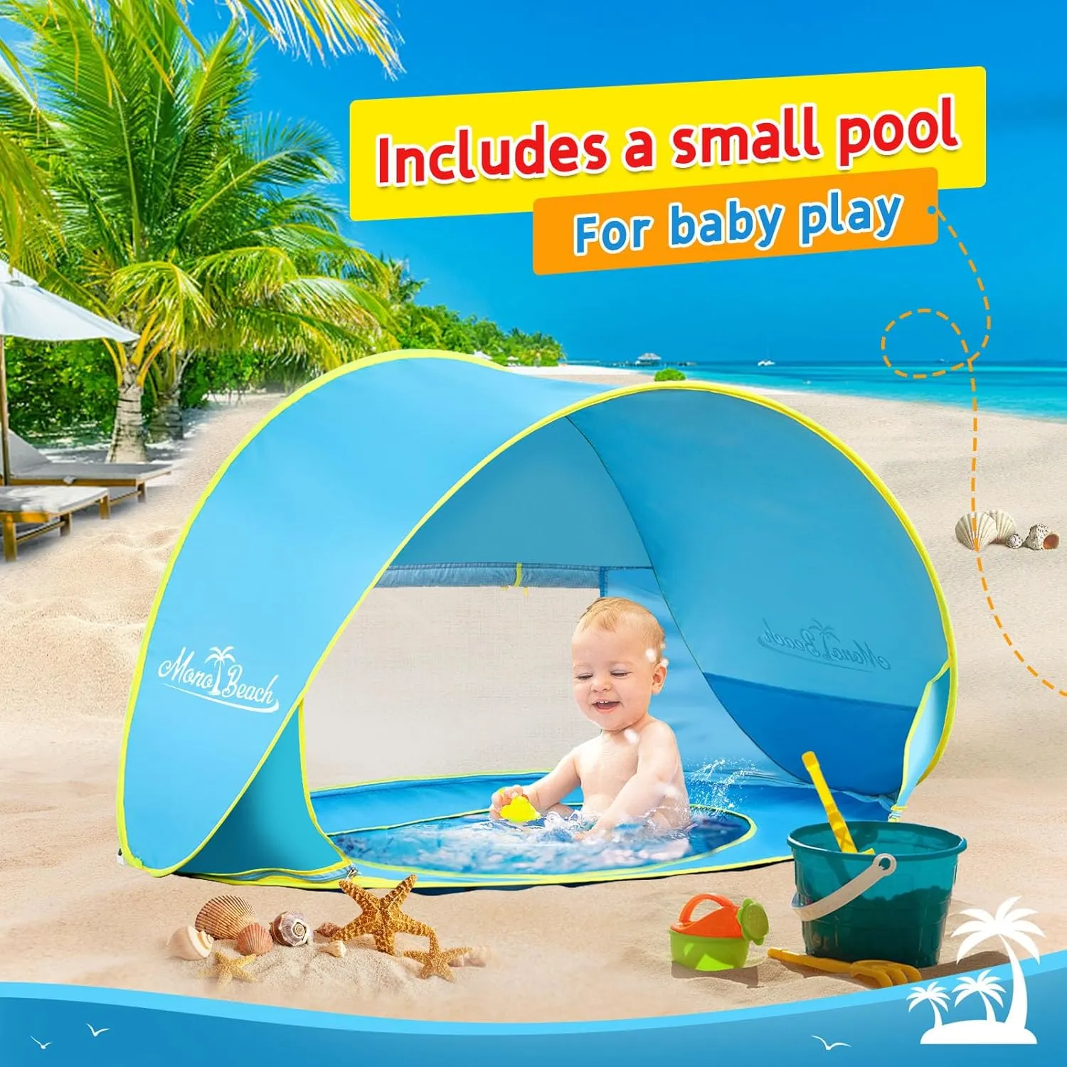 Monobeach Baby Beach Tent with Sun Hat Pop Up Portable Shade Pool UPF50  UV Protection Sun Shelter for Infant with Easy Set Up Canopy (Blue)