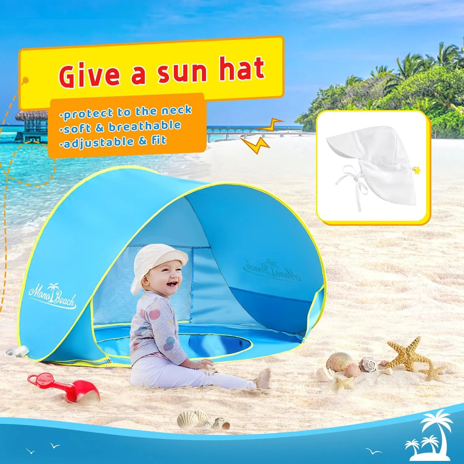 Monobeach Baby Beach Tent with Sun Hat Pop Up Portable Shade Pool UPF50  UV Protection Sun Shelter for Infant with Easy Set Up Canopy (Blue)