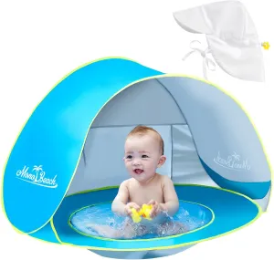 Monobeach Baby Beach Tent with Sun Hat Pop Up Portable Shade Pool UPF50  UV Protection Sun Shelter for Infant with Easy Set Up Canopy (Blue)
