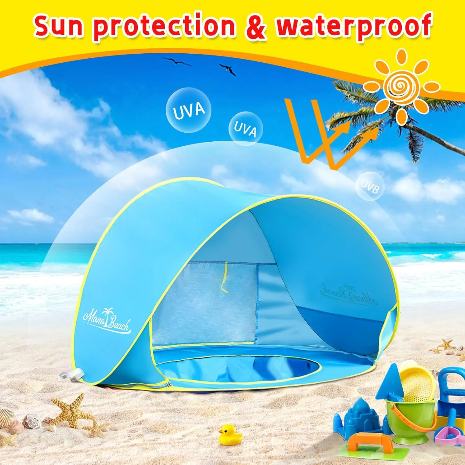 Monobeach Baby Beach Tent with Sun Hat Pop Up Portable Shade Pool UPF50  UV Protection Sun Shelter for Infant with Easy Set Up Canopy (Blue)