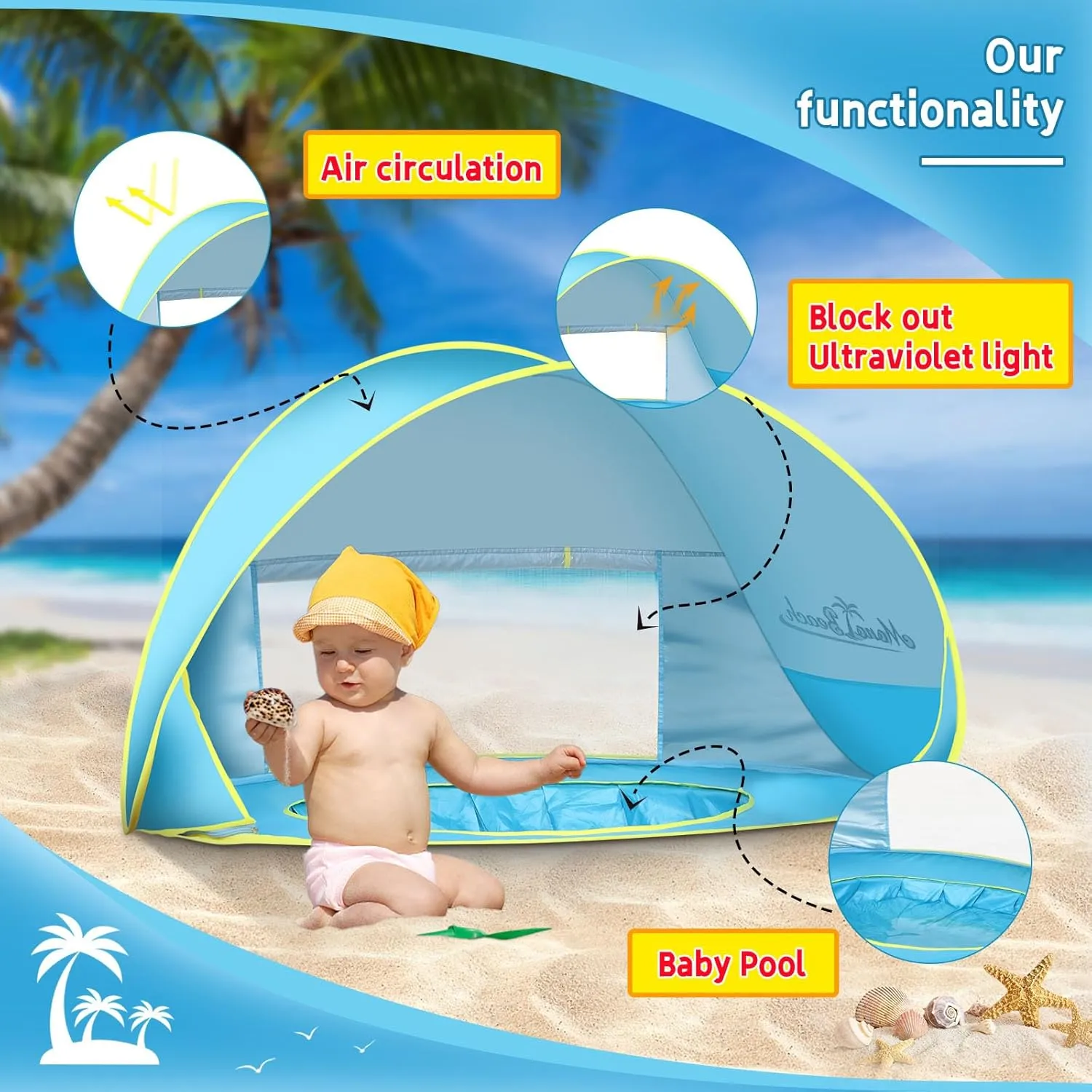 Monobeach Baby Beach Tent with Sun Hat Pop Up Portable Shade Pool UPF50  UV Protection Sun Shelter for Infant with Easy Set Up Canopy (Blue)