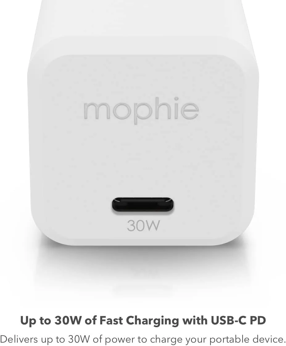 Mophie speedport 30 USB-C Charger GaN 30W Fast Compact Foldable Charger for MacBook Pro 13, Samsung Galaxy S25/S24, iPhone 16/14/14 Pro, Google Pixel 9, and More - White
