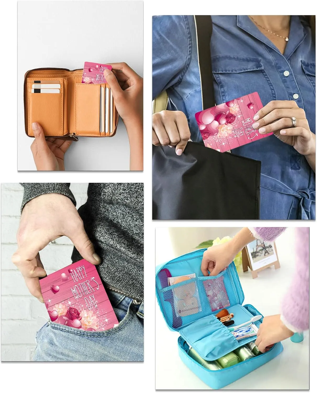 Mother's Day Small Compact Mirror for Purse, Love Heart Flower Pink Wood Grain Travel Makeup Mirror for Women Men, Rectangular Handheld Compact Pocket Mirror 2 PCS