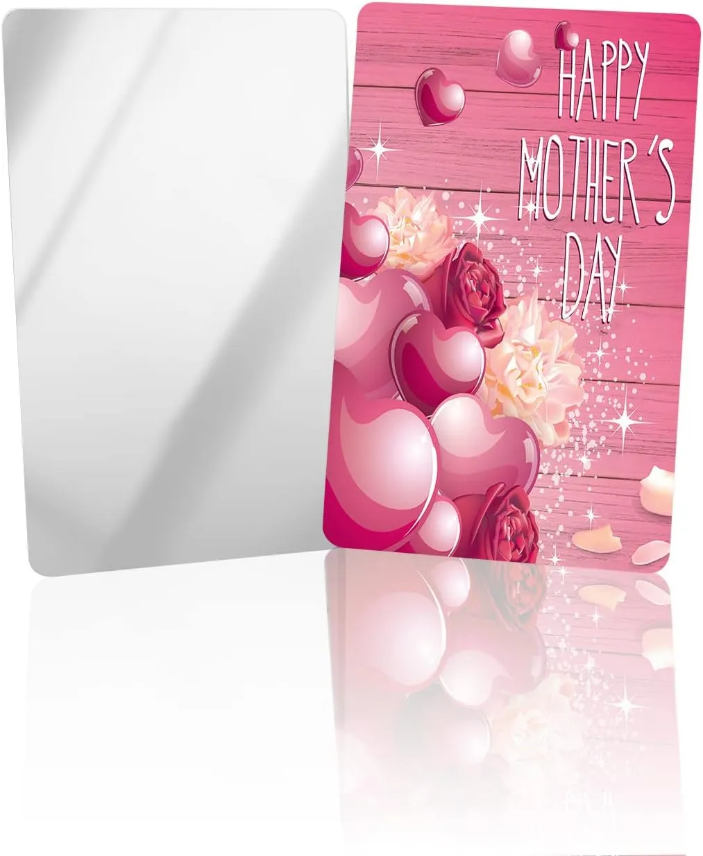 Mother's Day Small Compact Mirror for Purse, Love Heart Flower Pink Wood Grain Travel Makeup Mirror for Women Men, Rectangular Handheld Compact Pocket Mirror 2 PCS