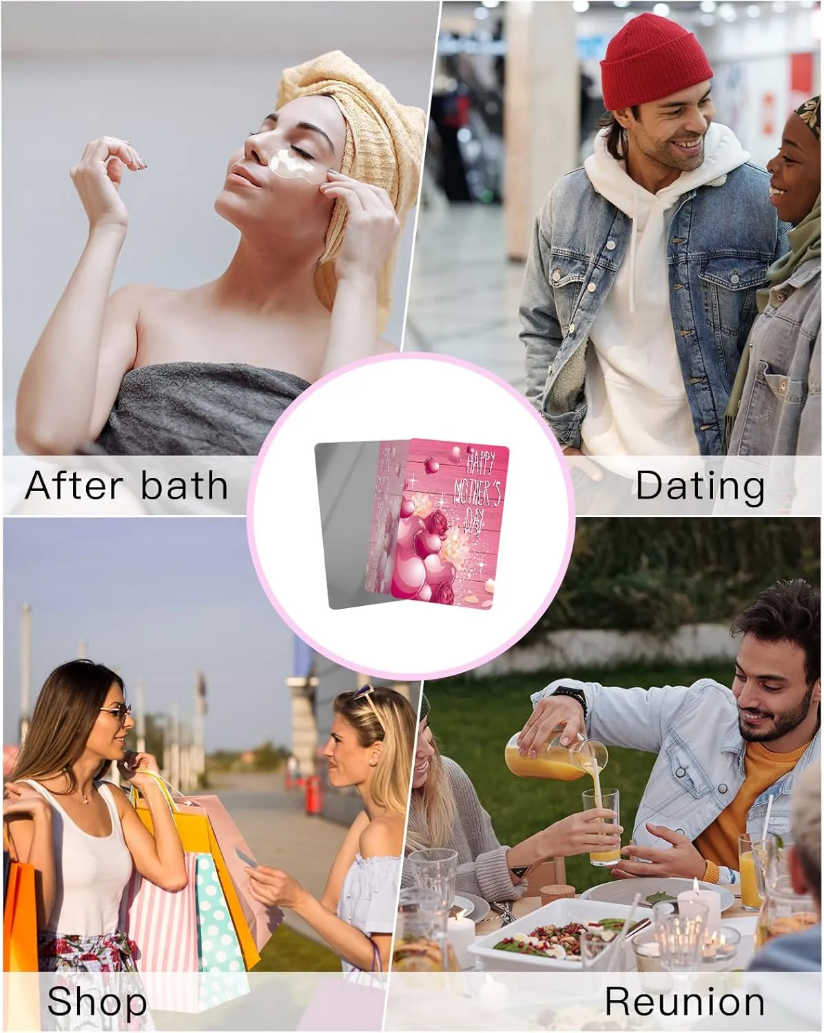Mother's Day Small Compact Mirror for Purse, Love Heart Flower Pink Wood Grain Travel Makeup Mirror for Women Men, Rectangular Handheld Compact Pocket Mirror 2 PCS