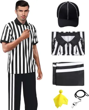 Mprocen 5Pcs Men Referee Costume Kit Official Referee Shirt Women Ref Hat Whistle Yellow Penalty Flag for Football Soccer