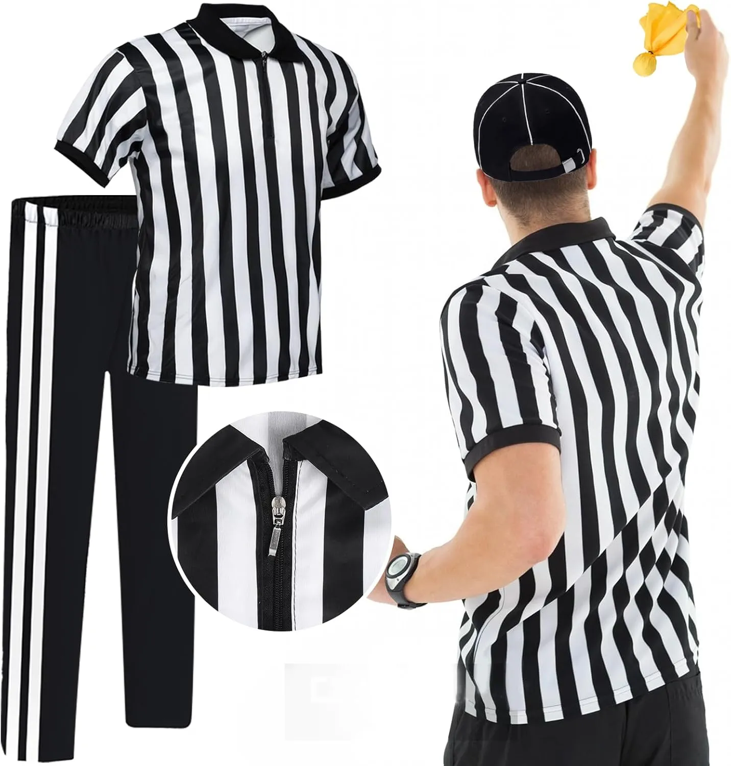 Mprocen 5Pcs Men Referee Costume Kit Official Referee Shirt Women Ref Hat Whistle Yellow Penalty Flag for Football Soccer